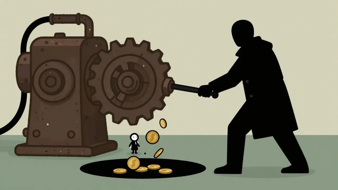 Sinister figure operating a machine that crushes an investor's coins