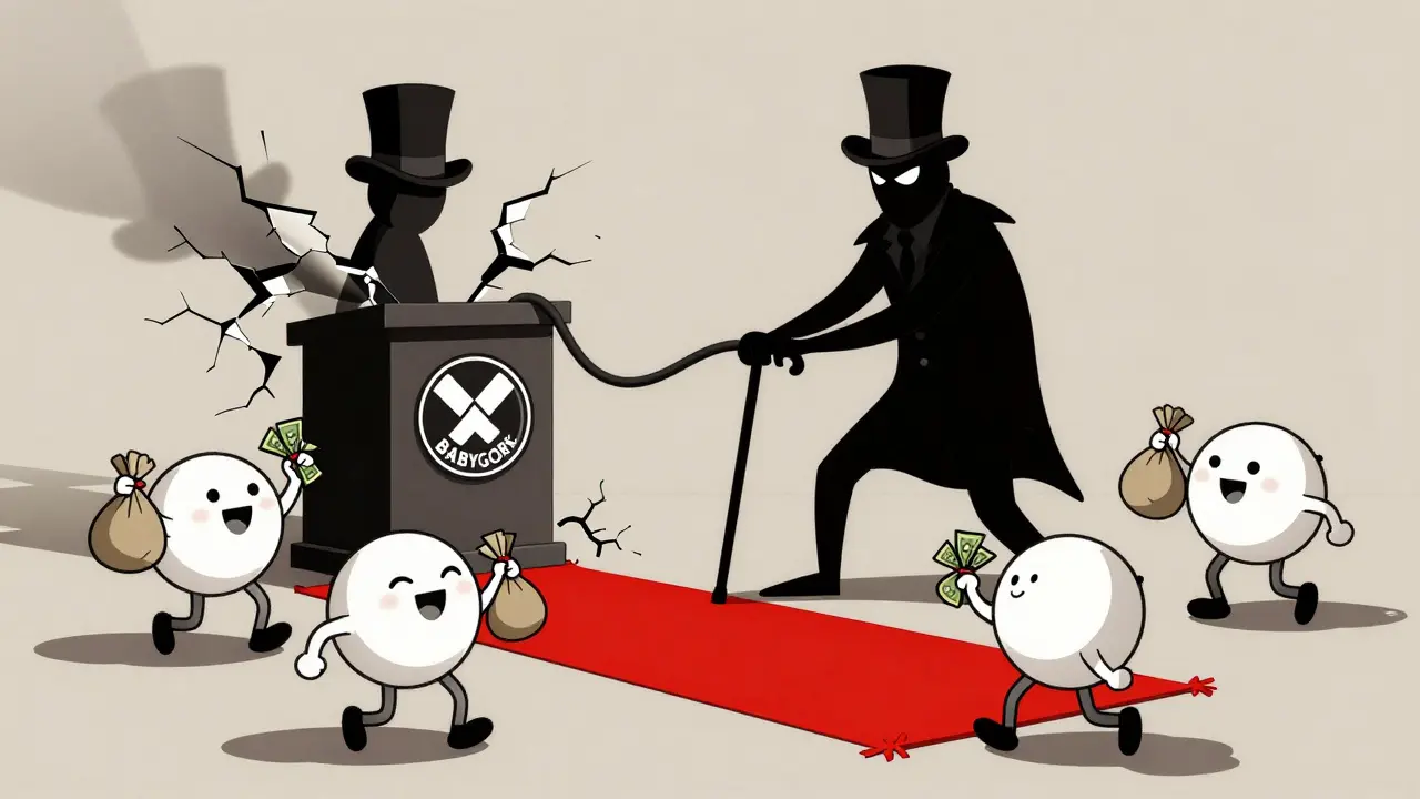 Sinister figure pulling a rug under dancing investors in vintage style