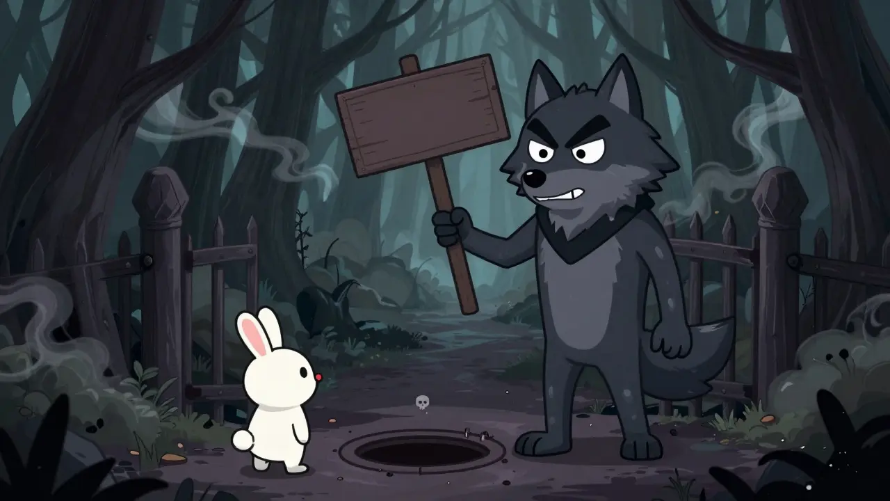 Sinister wolf guarding a trapdoor in spooky forest
