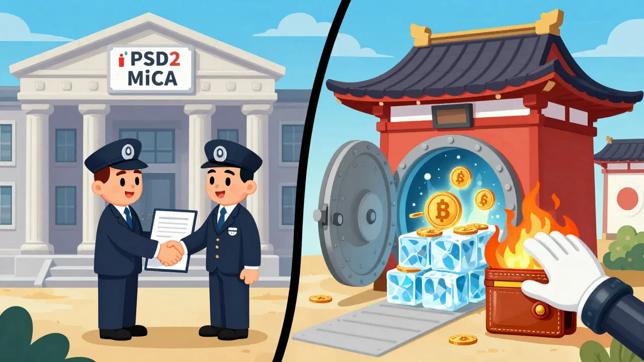 Split view of EU regulators shaking hands and Japanese cold storage vault