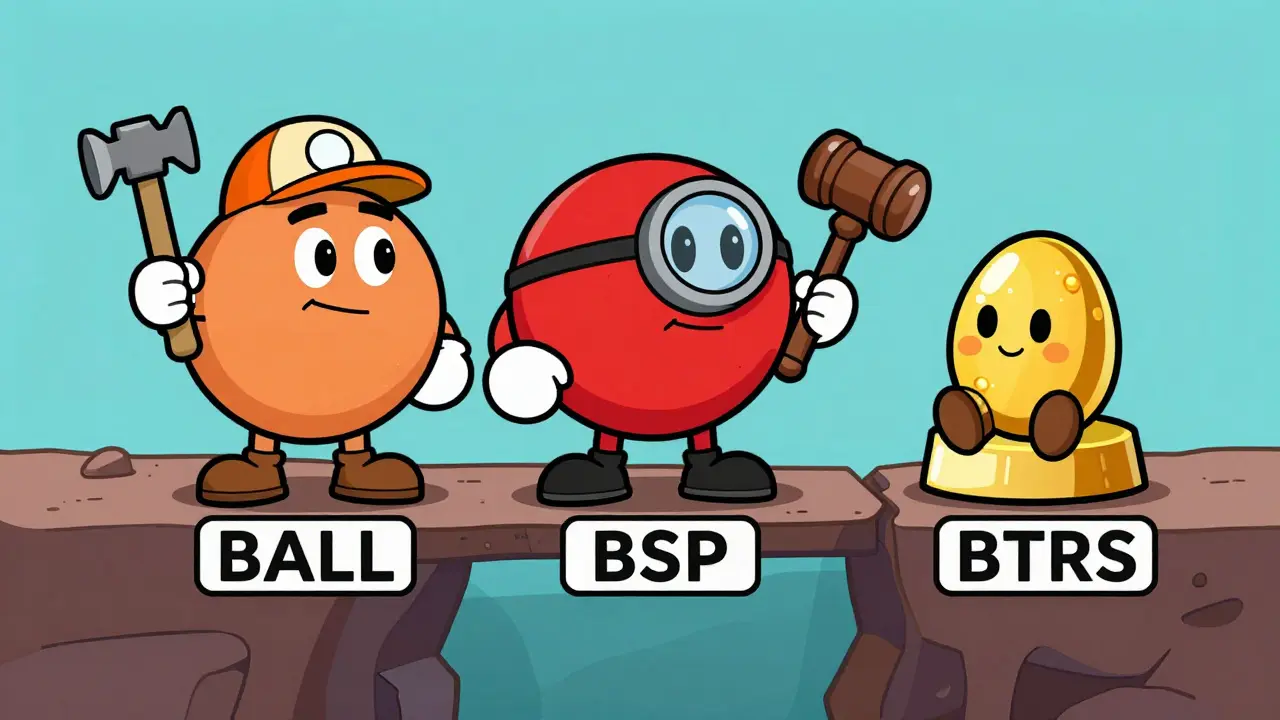 Three cartoon tokens BALL, BSP, BTRS standing on a thin bridge in vintage style
