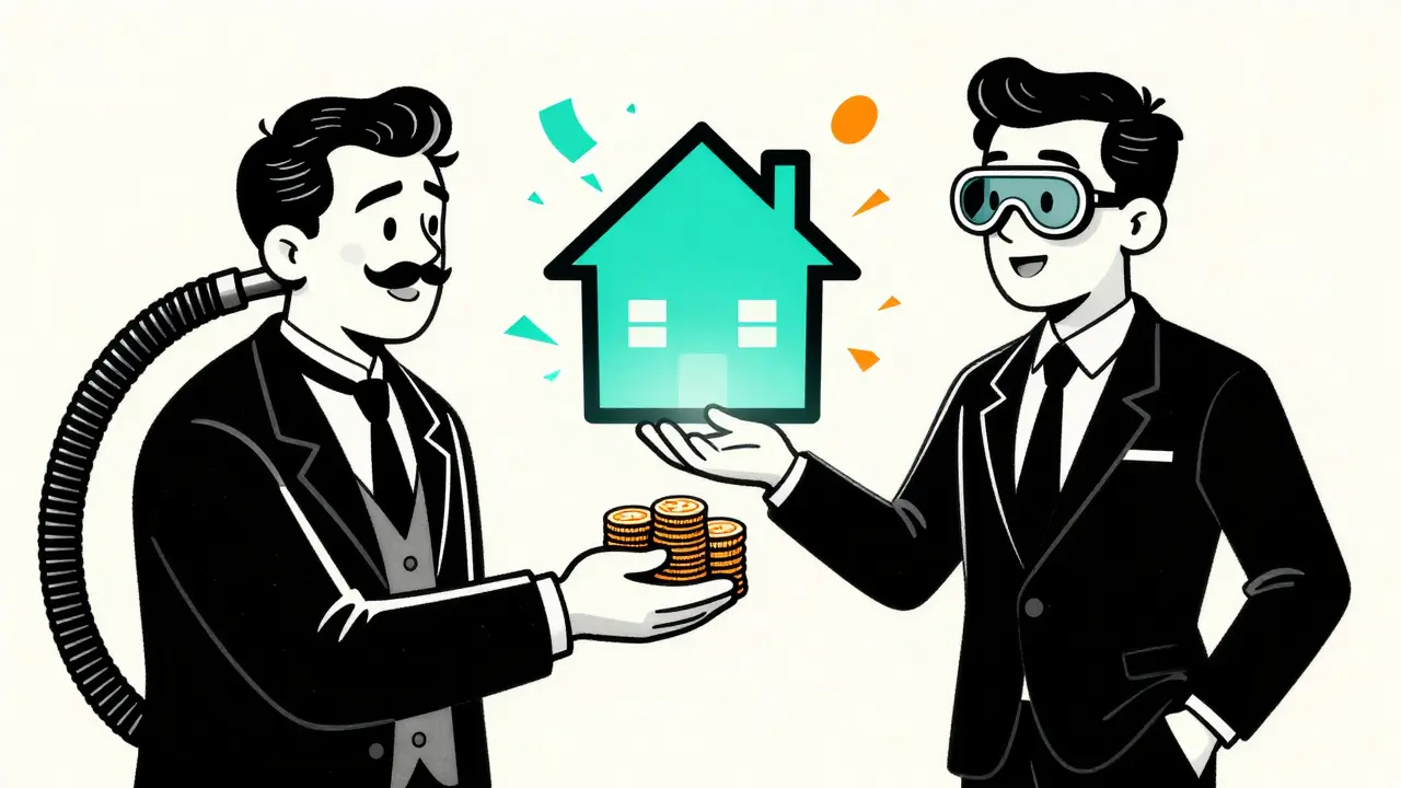 Vintage animated figures exchanging coins near a pulsing house icon