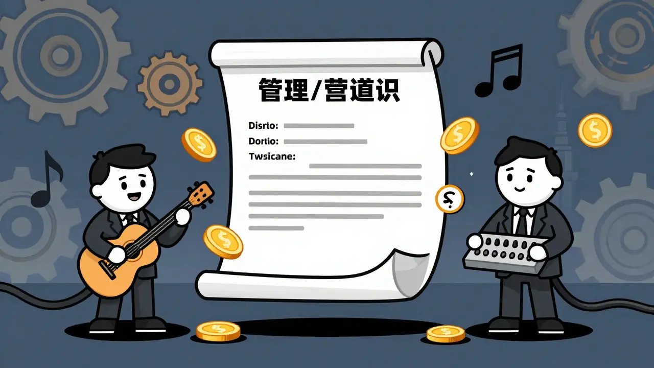 Vintage animation style scene showing automated royalty payments via smart contract.