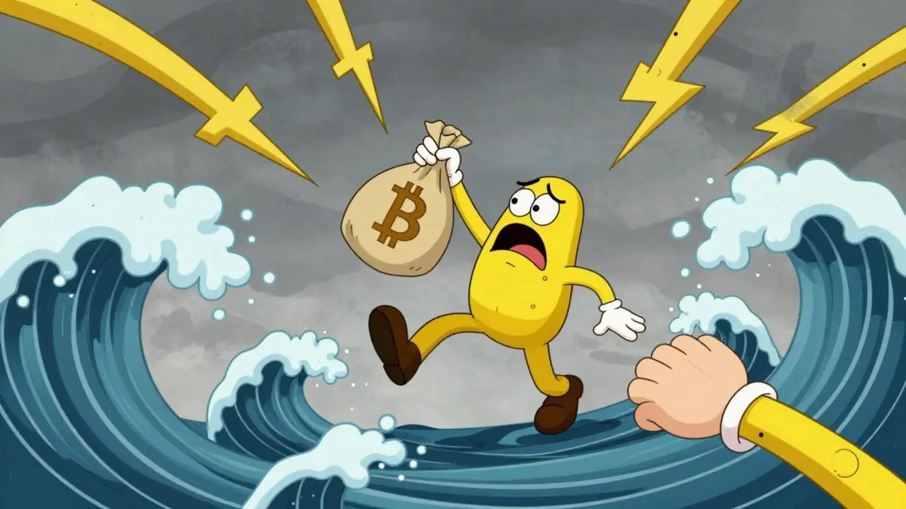 Vintage cartoon character falling amidst chaotic waves representing market volatility.