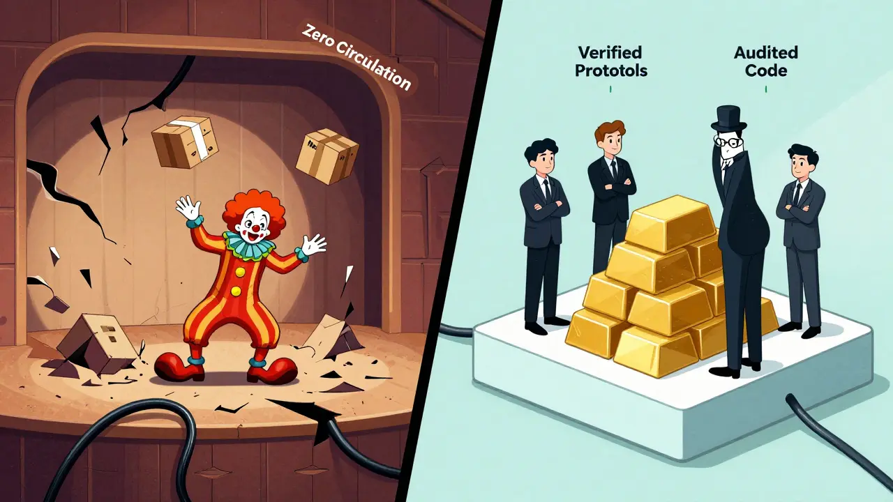 Vintage cartoon comparing risky unverified projects to safe audited protocols