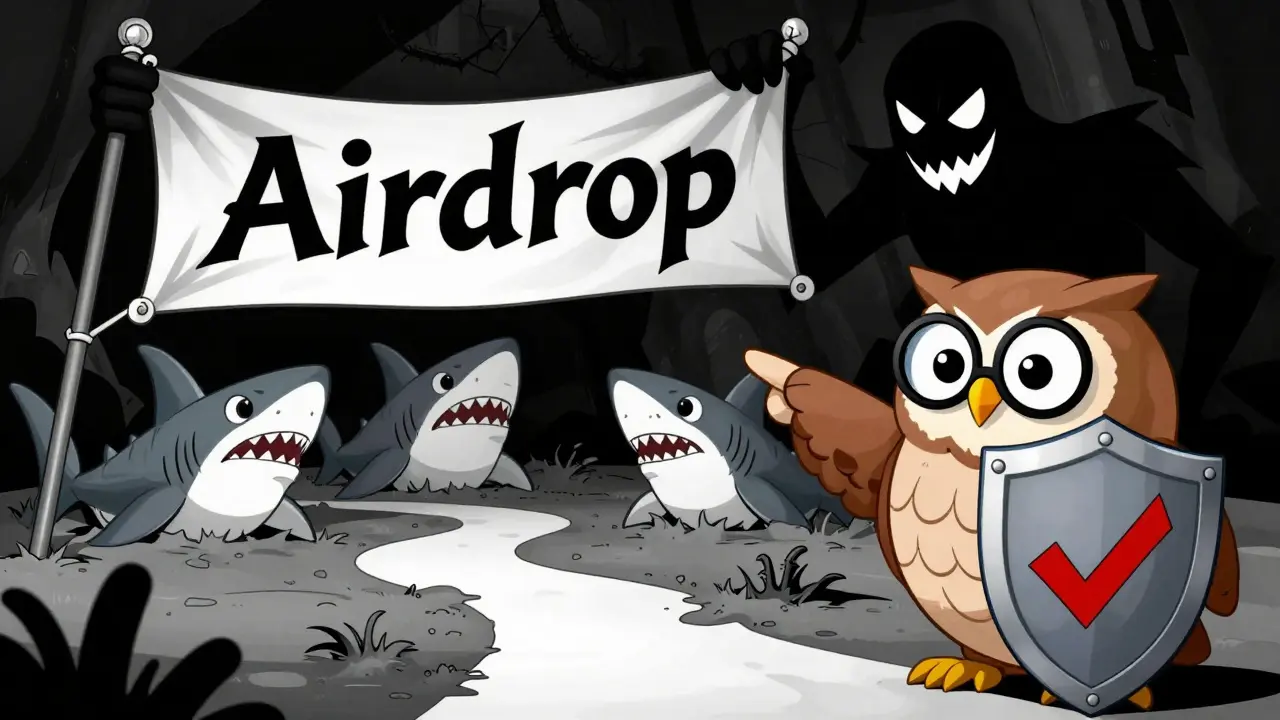Vintage cartoon warning about phishing scams and fake airdrop sites
