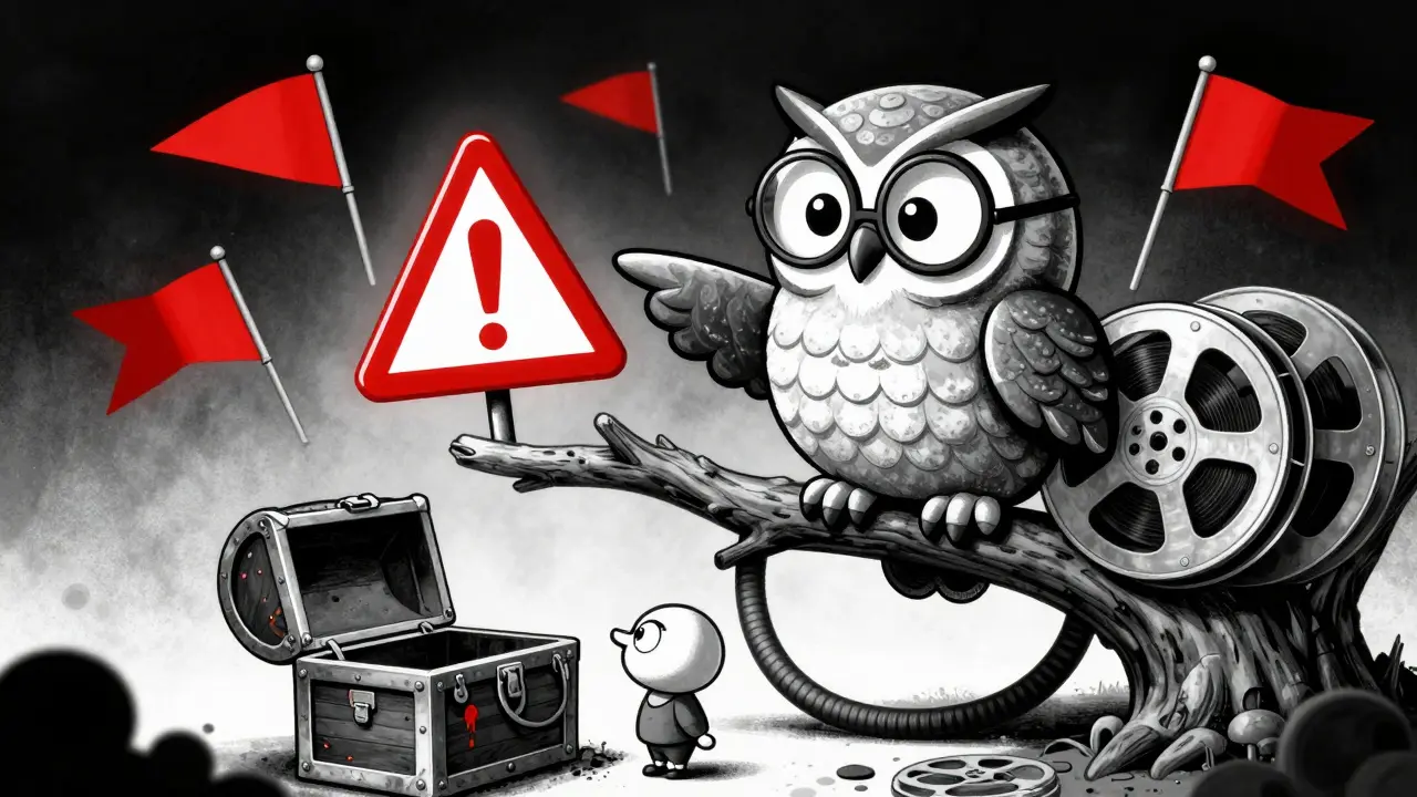 Wise cartoon owl warning against scams with red flags and an empty treasure chest.