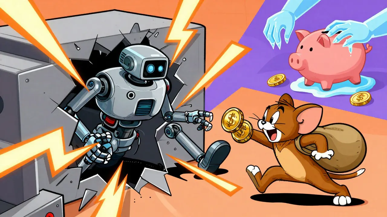 Animated trader evading a robotic enforcer while carrying stablecoins past a firewall.