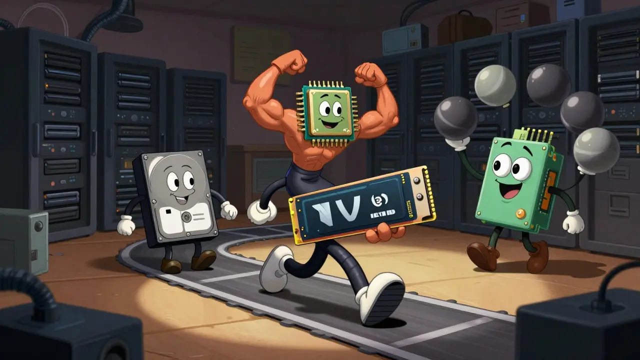 Anthropomorphic hardware components racing in a server room