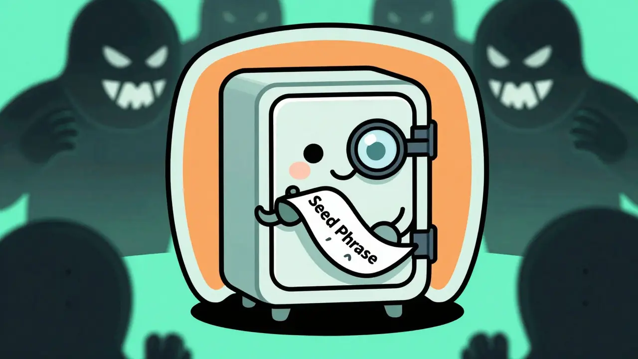 Anthropomorphic safe protecting seed phrases from hackers in rubber hose style
