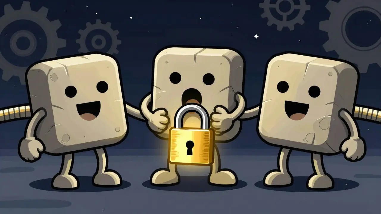 Anthropomorphic stone blocks chained together by golden cryptographic locks
