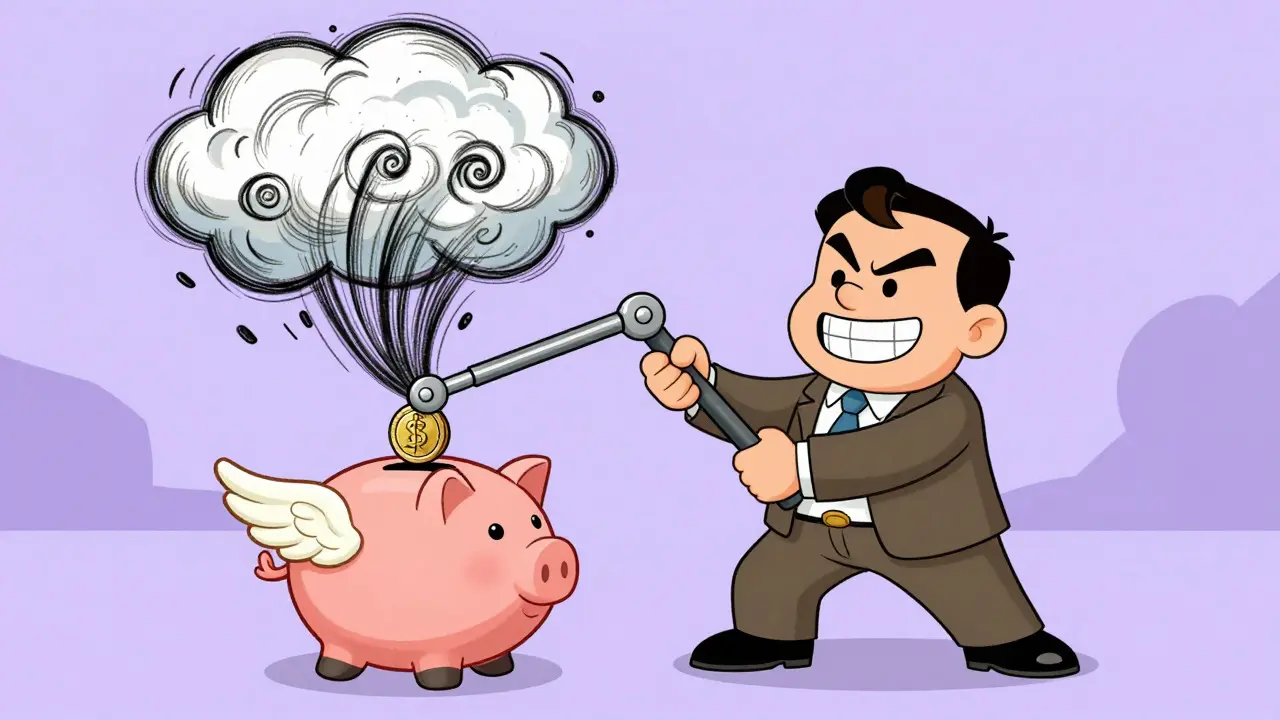 Automated coin dropping into piggy bank amidst chaos