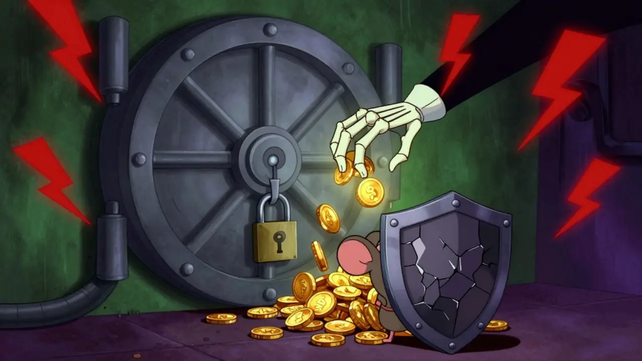 Broken vault with skeleton hand stealing crypto coins in retro style