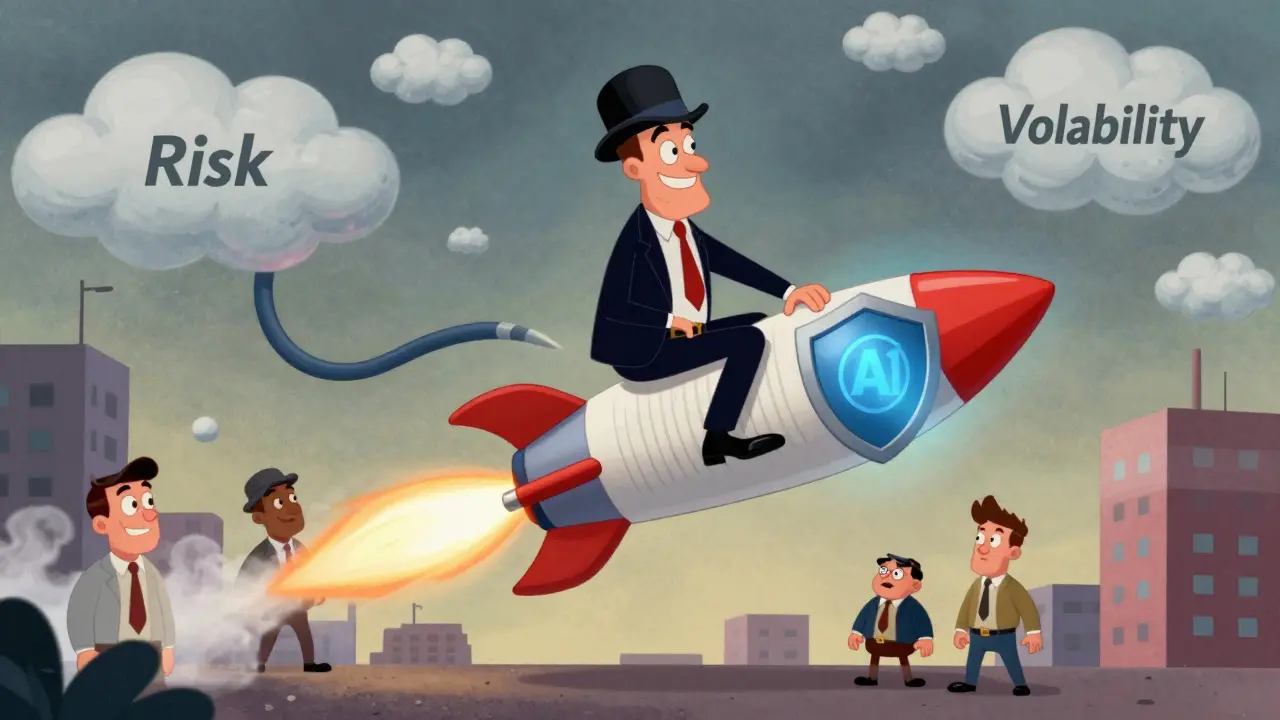 Businessman riding an AI-shielded rocket through chaotic market clouds