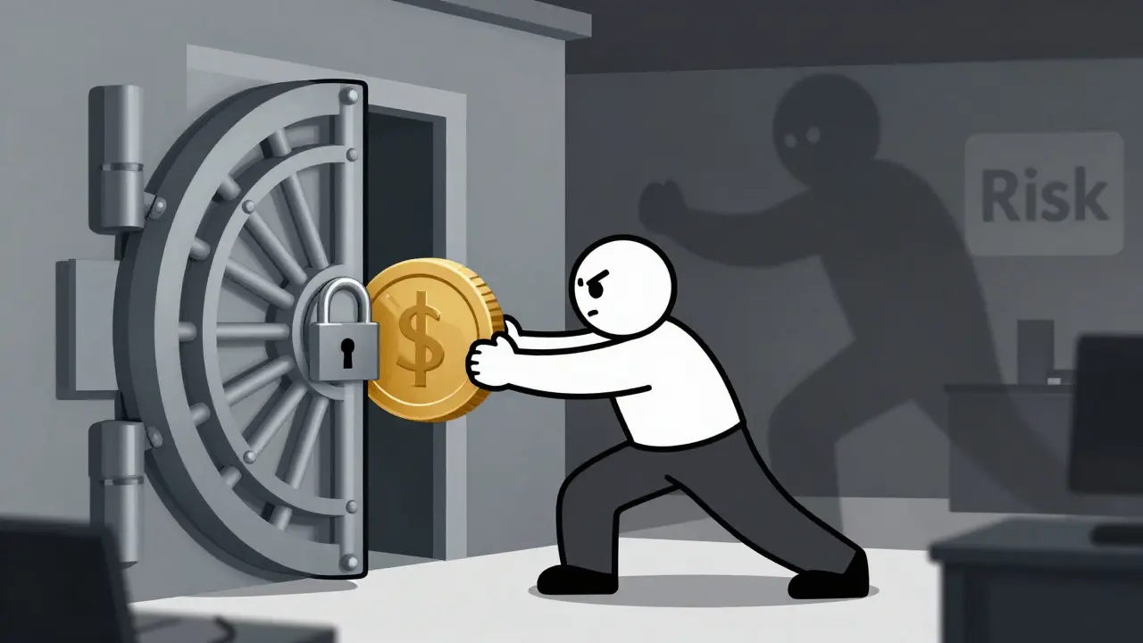 Cartoon character blocked by locked bank vault with risk shadow
