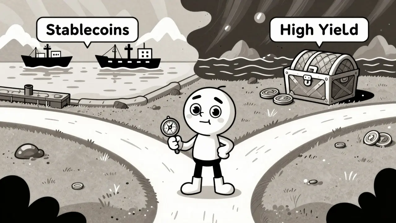 Cartoon character choosing between stable and risky investment paths