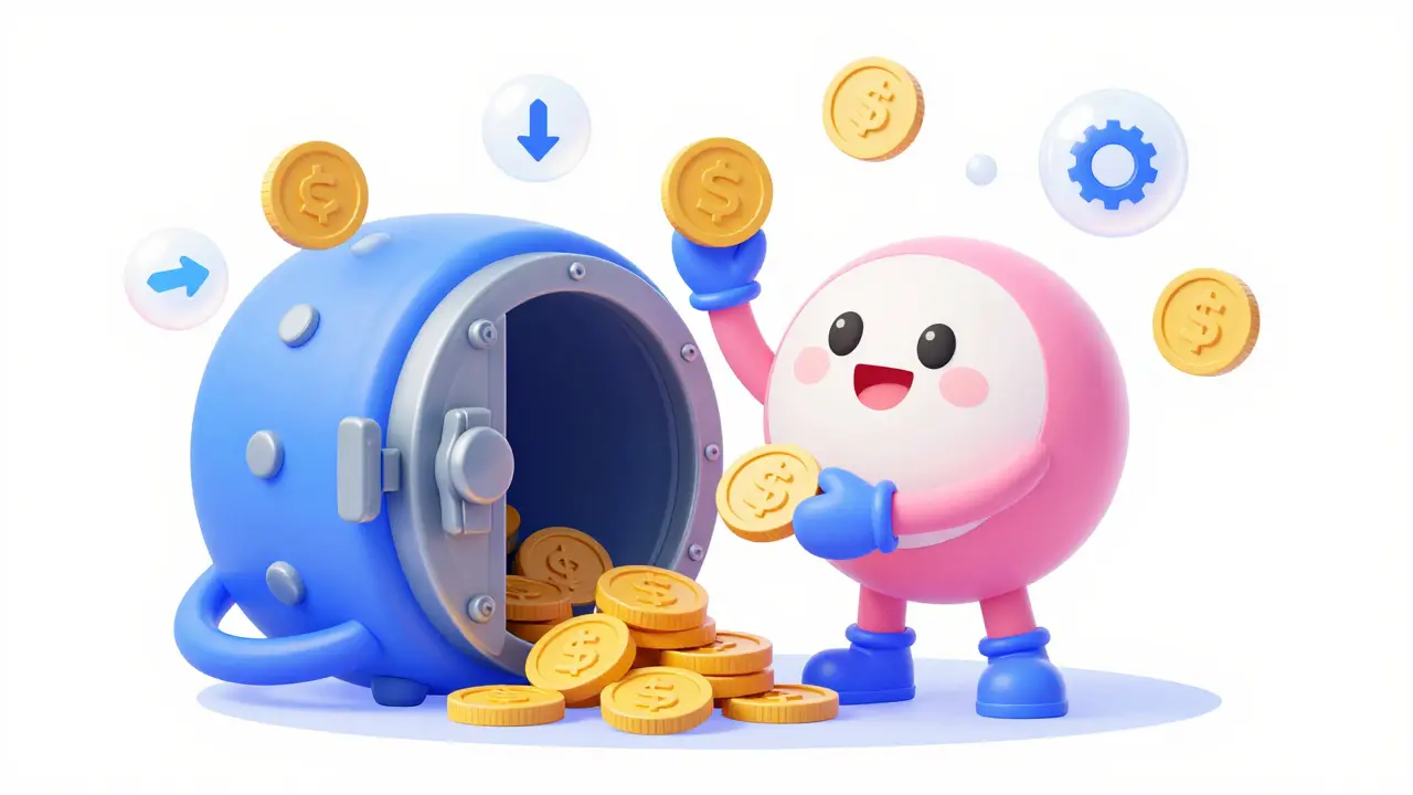 Cartoon character depositing coins into a friendly vault