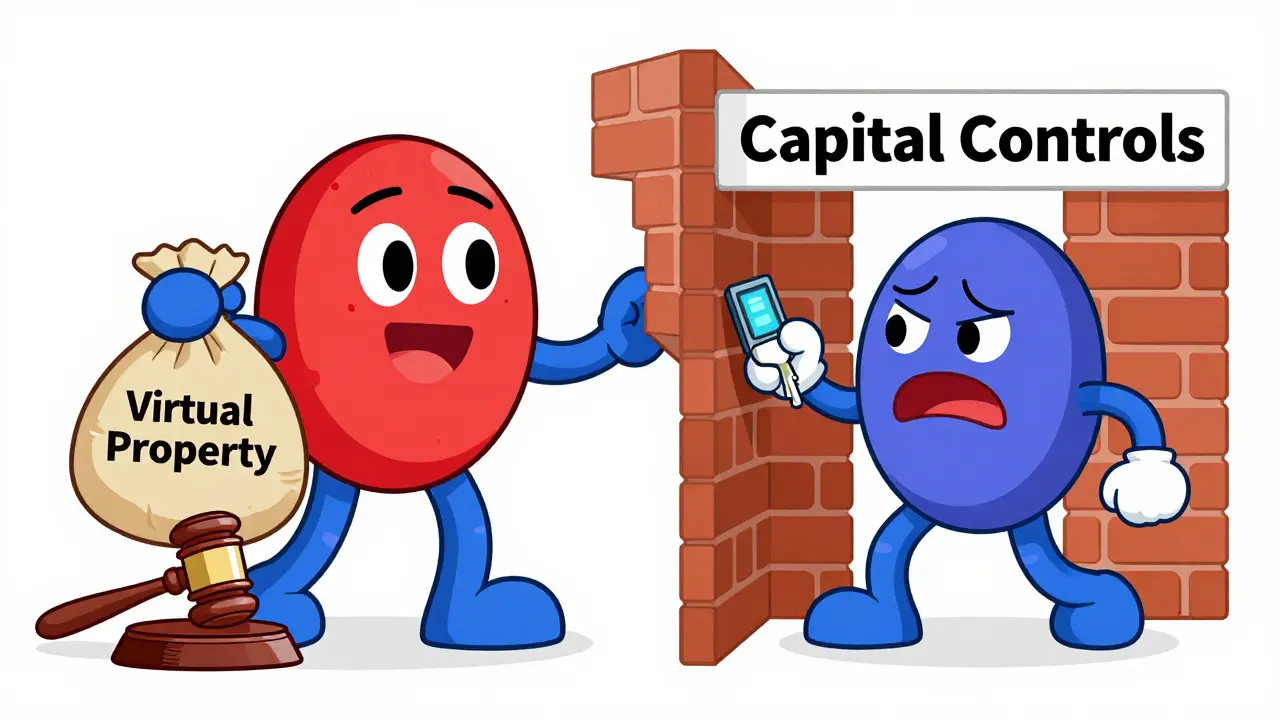 Cartoon character holding virtual property asset while facing capital control barriers.