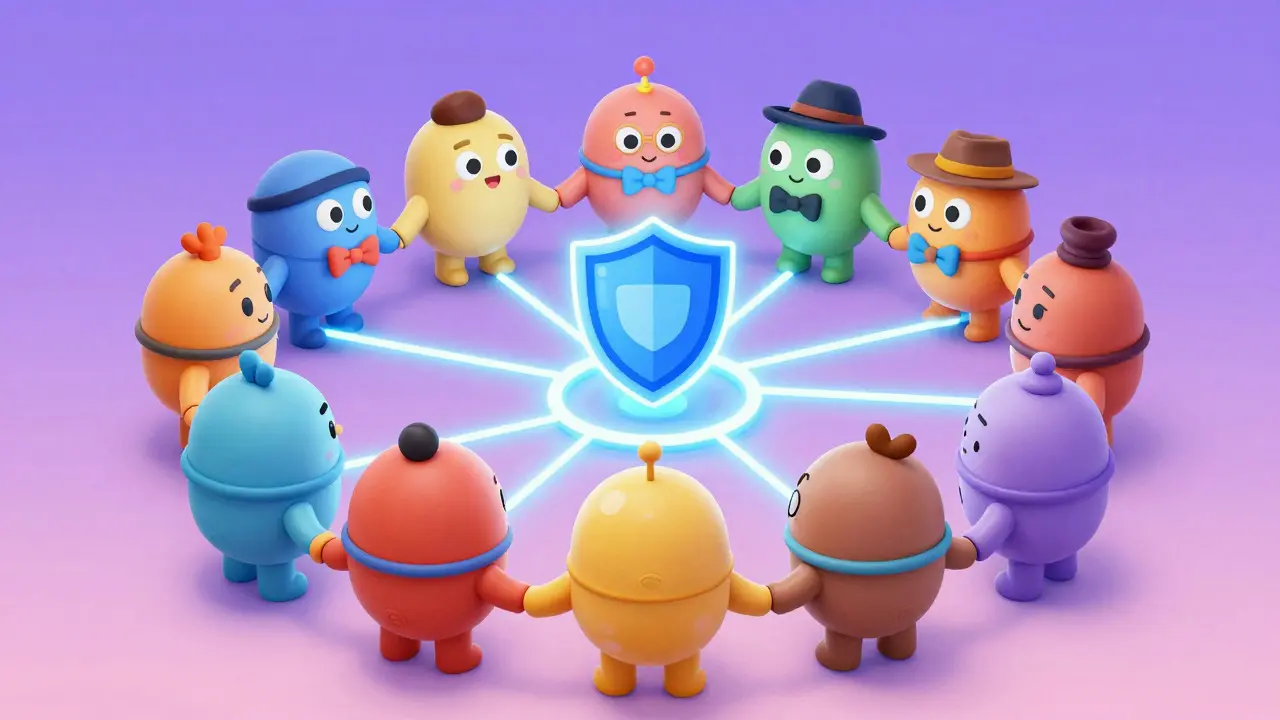 Cartoon characters forming a protected DAO network circle in 1930s animation style.