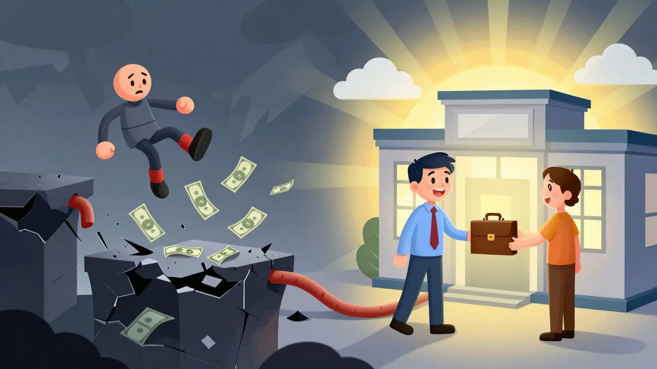 Cartoon comparison of risky exchange collapse vs safe banking