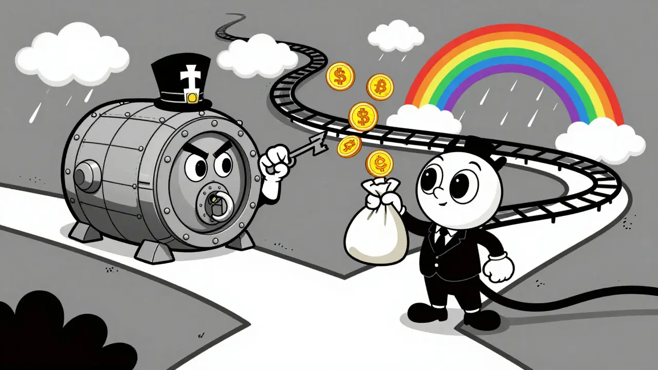 Cartoon investor choosing between secure vault and volatile rollercoaster path.