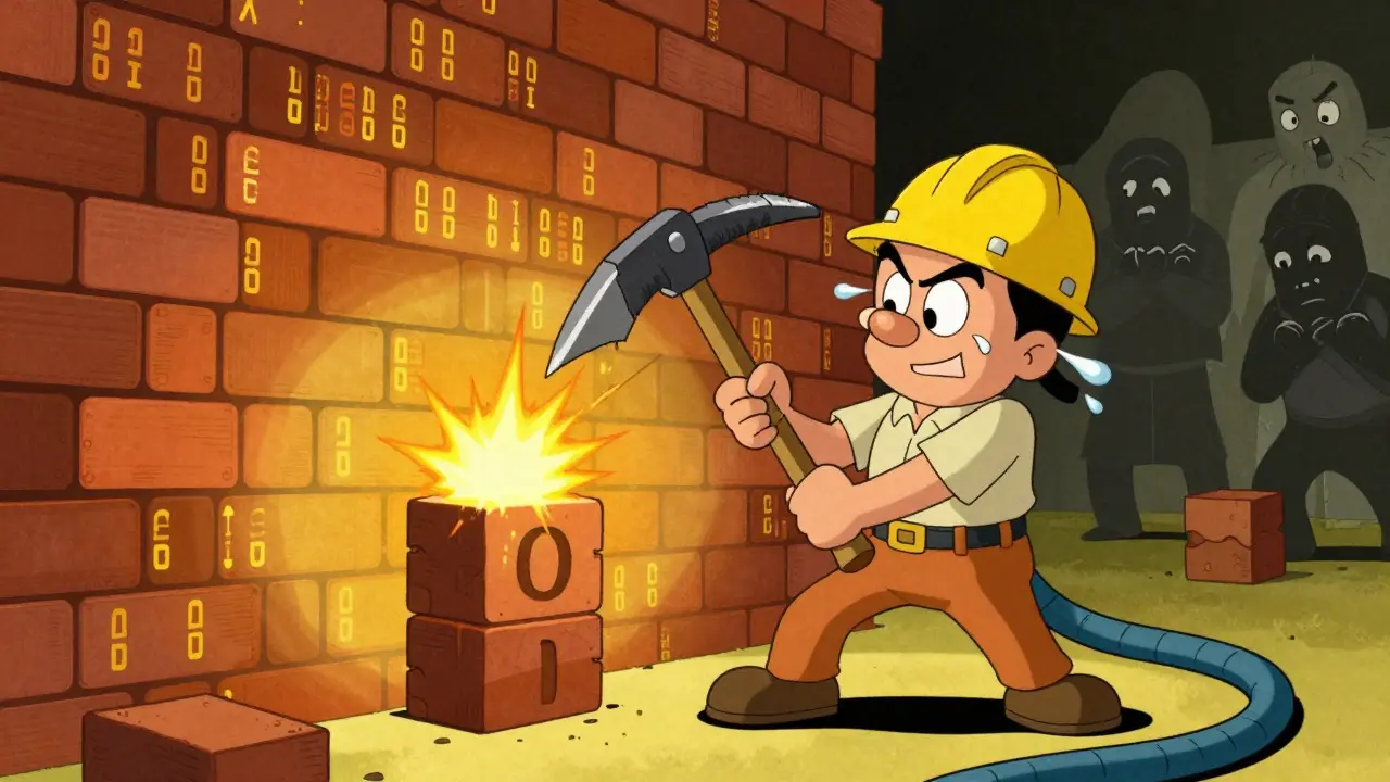 Cartoon miner struggling to break a wall of digital code bricks