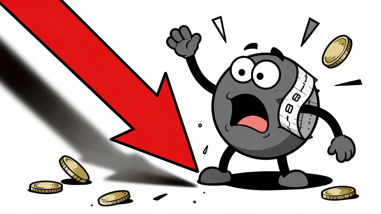 Cartoon ticker tape monster crushed by a giant red downward arrow