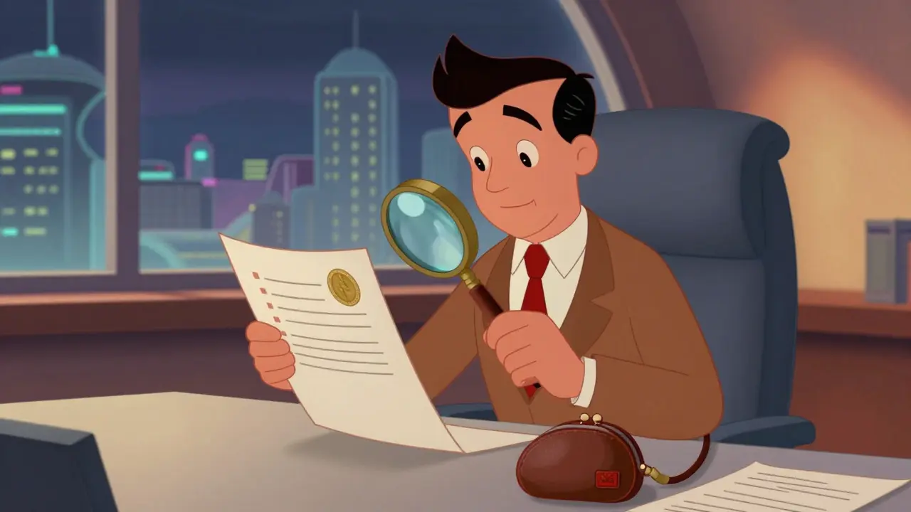 Cartoon trader reviewing legal docs and holding a hardware wallet