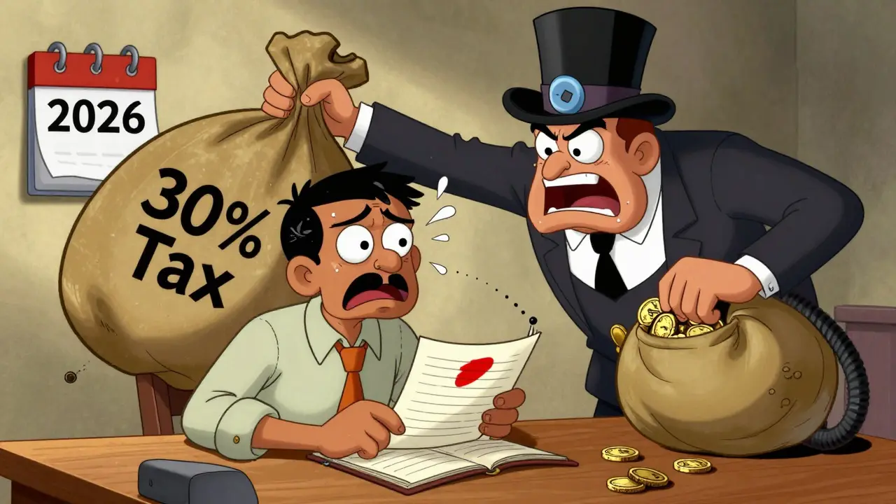 Cartoon trader stressed by a giant tax collector taking 30 percent of profits
