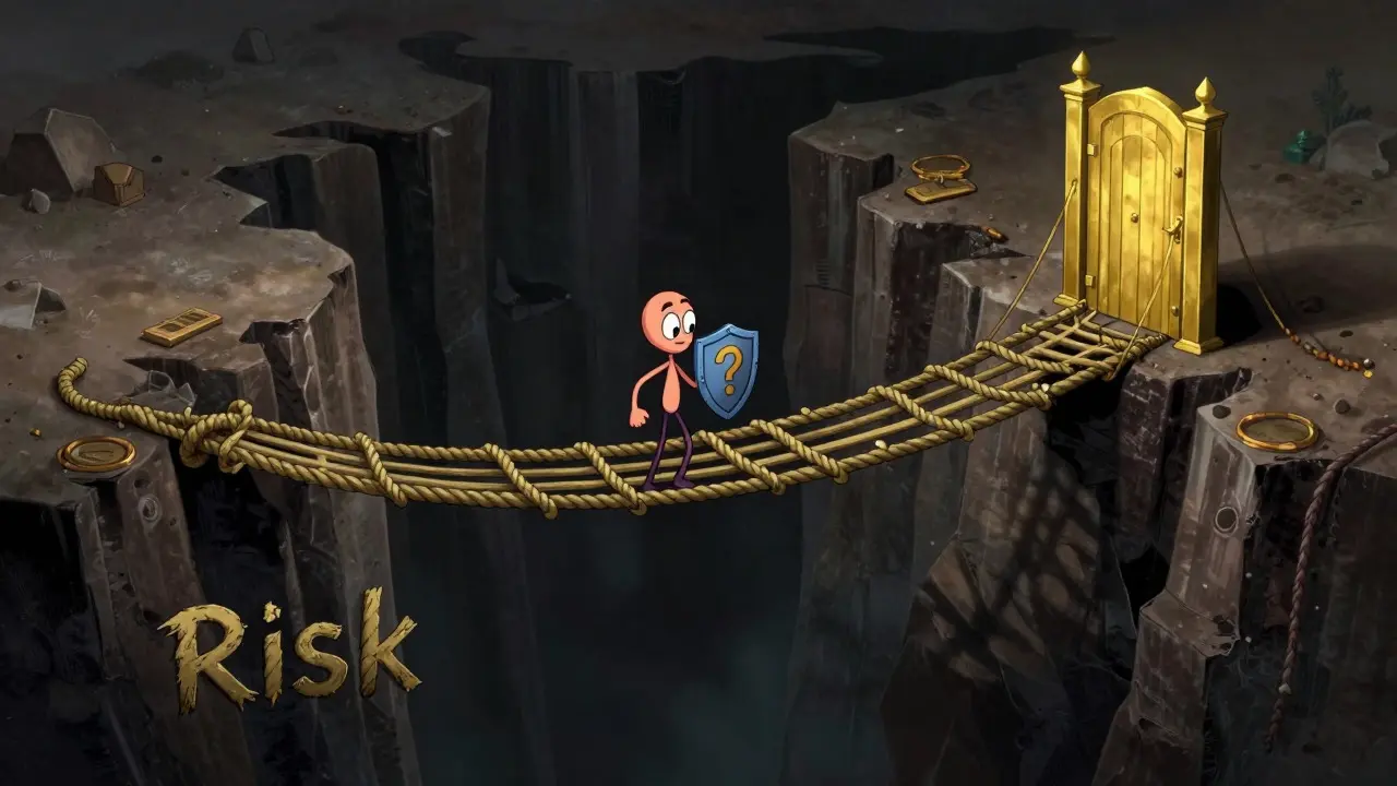 Character standing at the edge of a risky chasm in vintage cartoon style