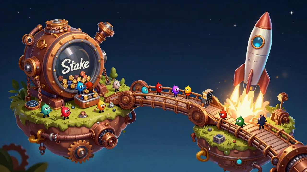 Characters staking tokens on a mechanical bridge to launch projects