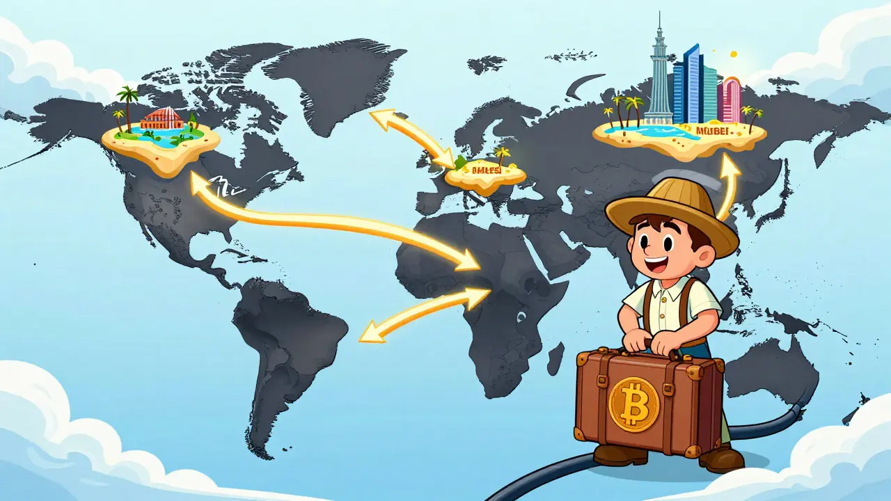Cheerful cartoon character packing bags to move to sunny crypto hubs