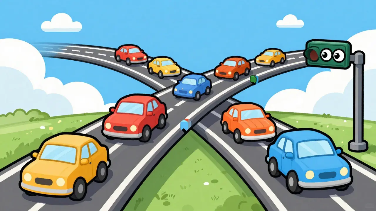 Colorful cartoon cars driving smoothly on multiple highway lanes