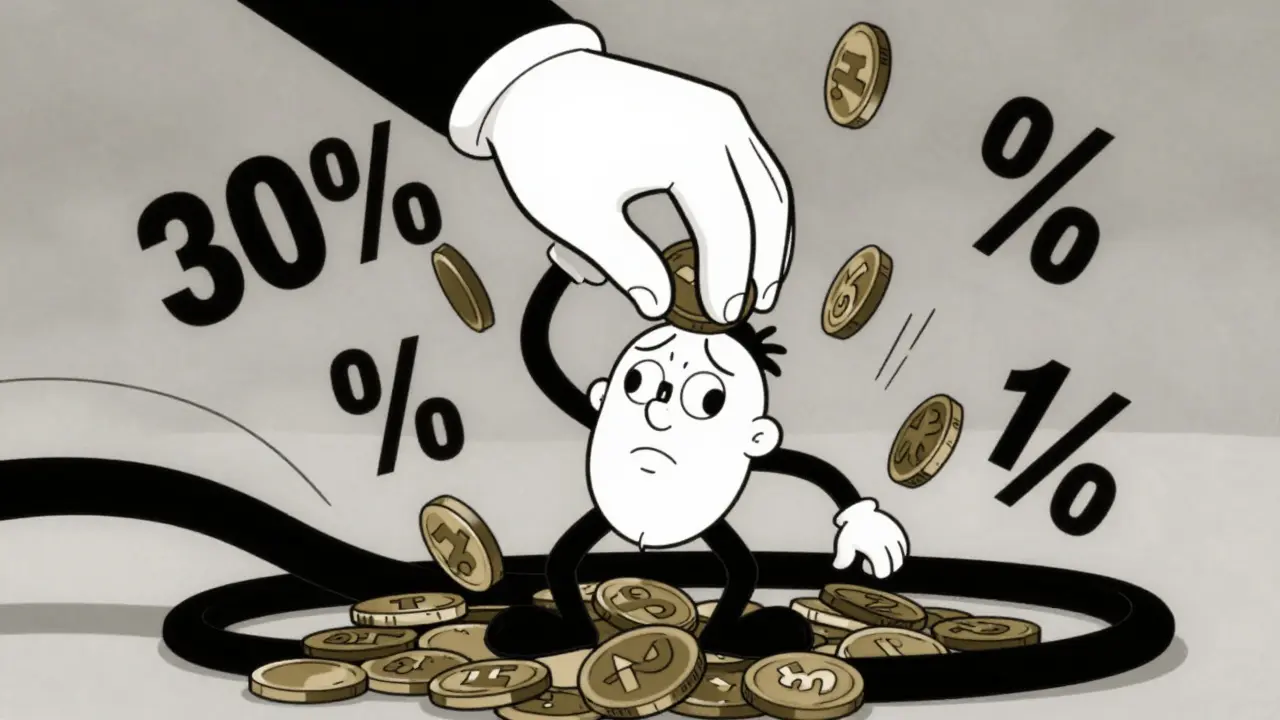 Confused cartoon figure overwhelmed by tax percentages and coins