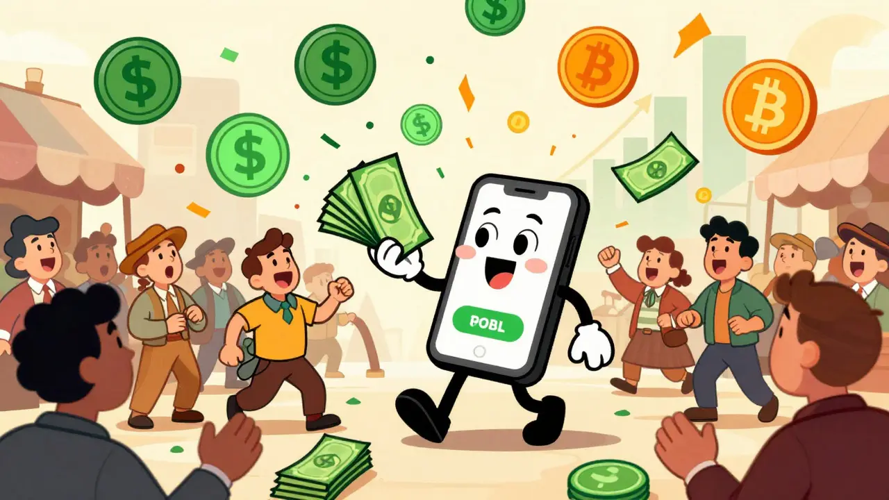 Crowd of cartoon characters receiving digital money from a wallet app