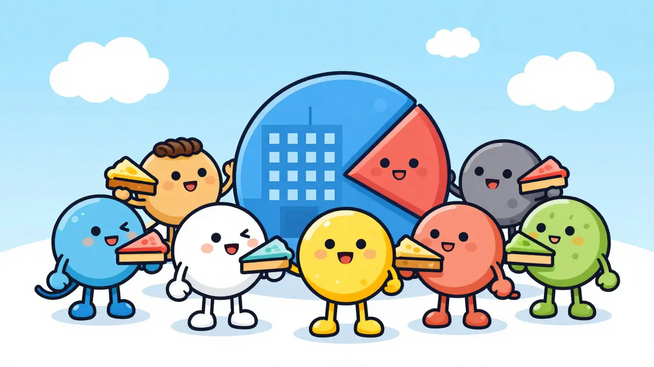 Cute characters sharing slices of a property pie chart