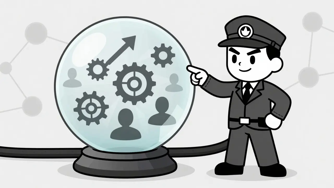 Detective character pointing to a crystal ball showing real on-chain user activity metrics.