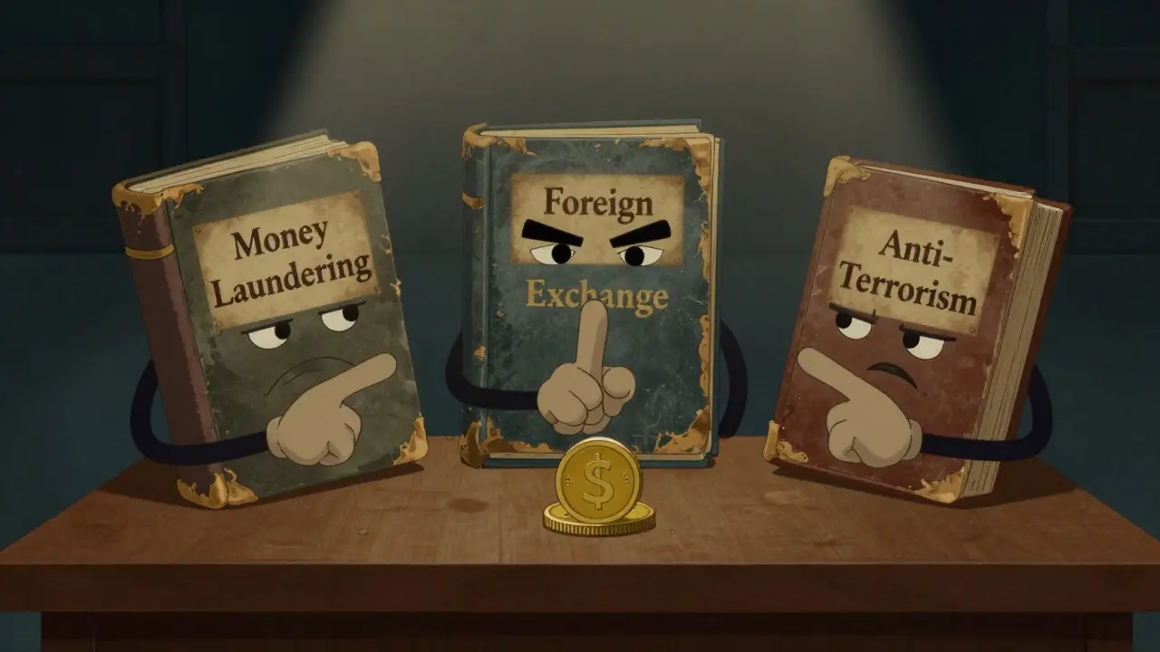 Detective examining legal books accusing a small digital coin character.