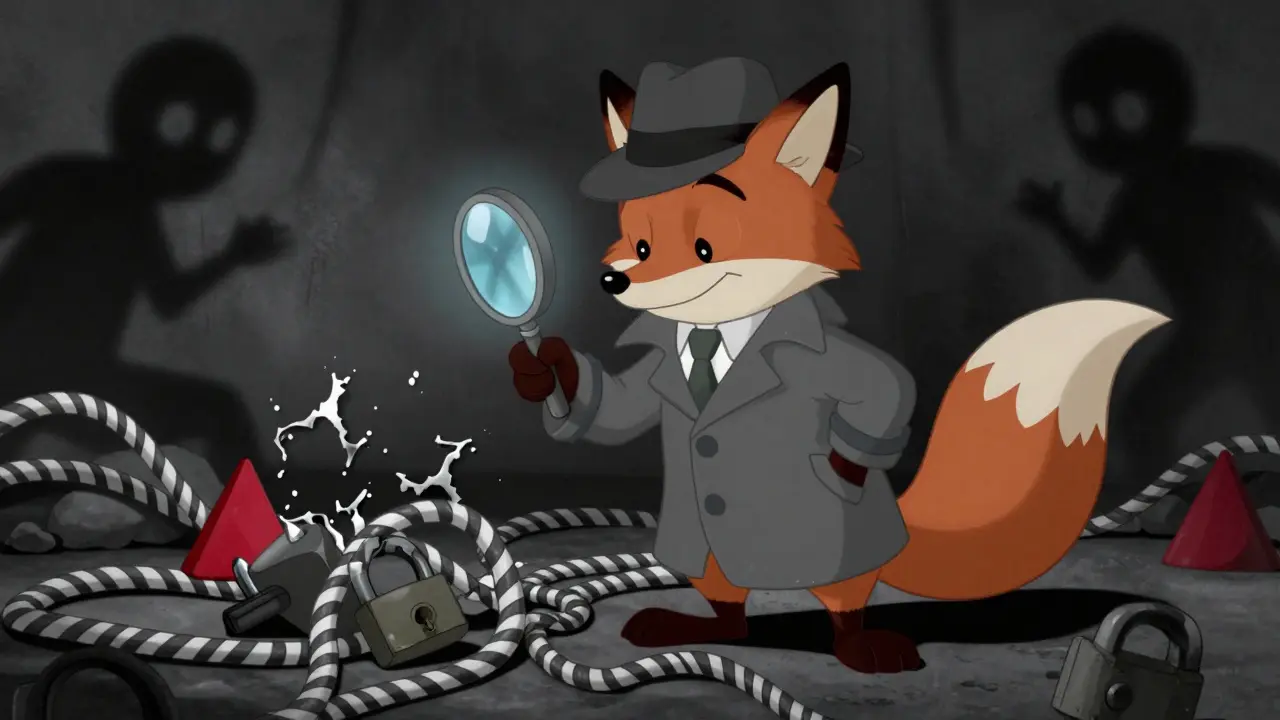 Detective fox inspecting security risks in retro style