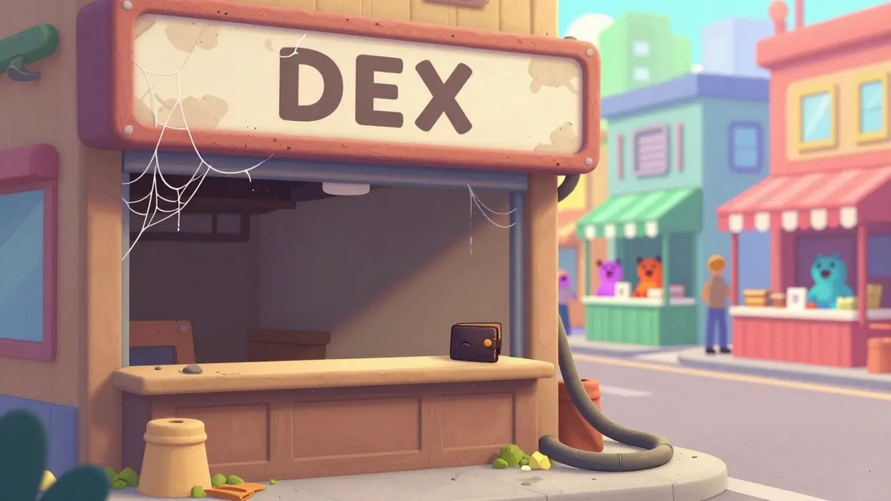 Empty, dusty DEX storefront contrasting with a busy crypto market street
