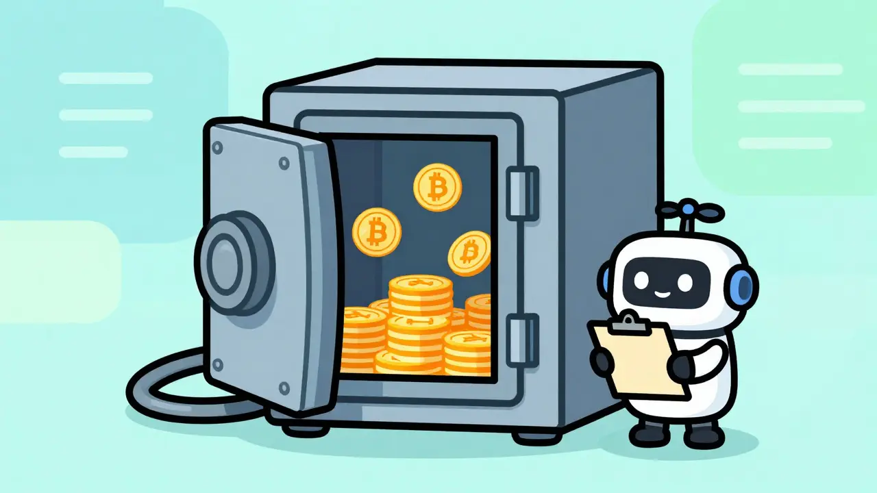 Friendly animated bank vault with coins and a robot assistant in rubber hose style.
