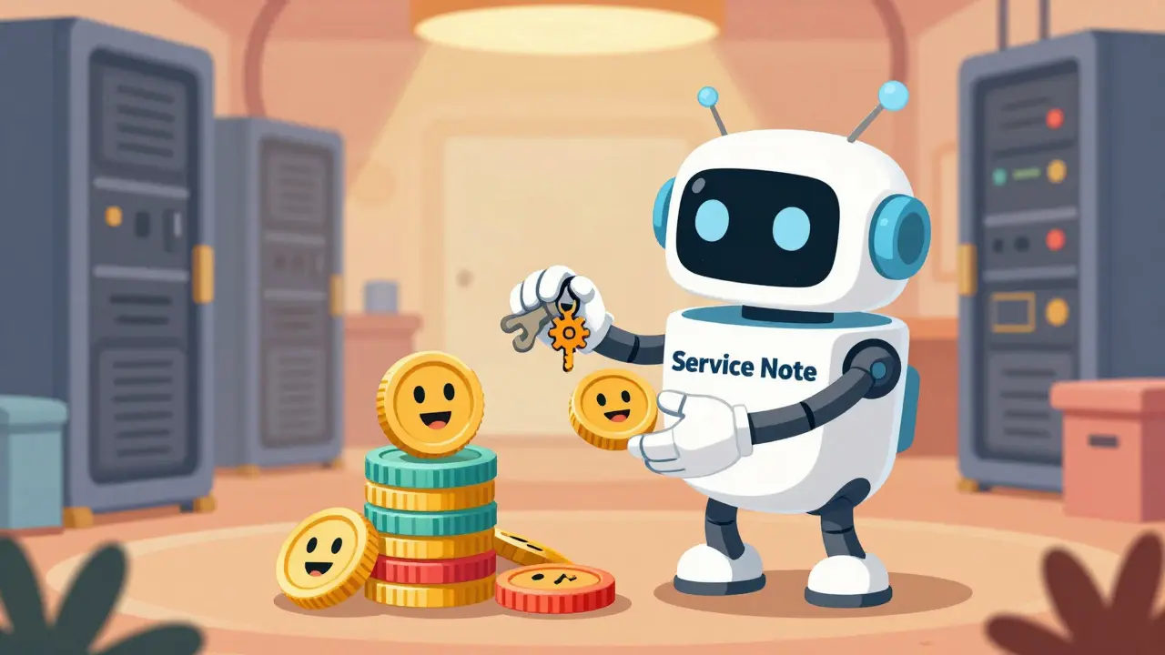 Friendly robot node distributing keys to smiling coins