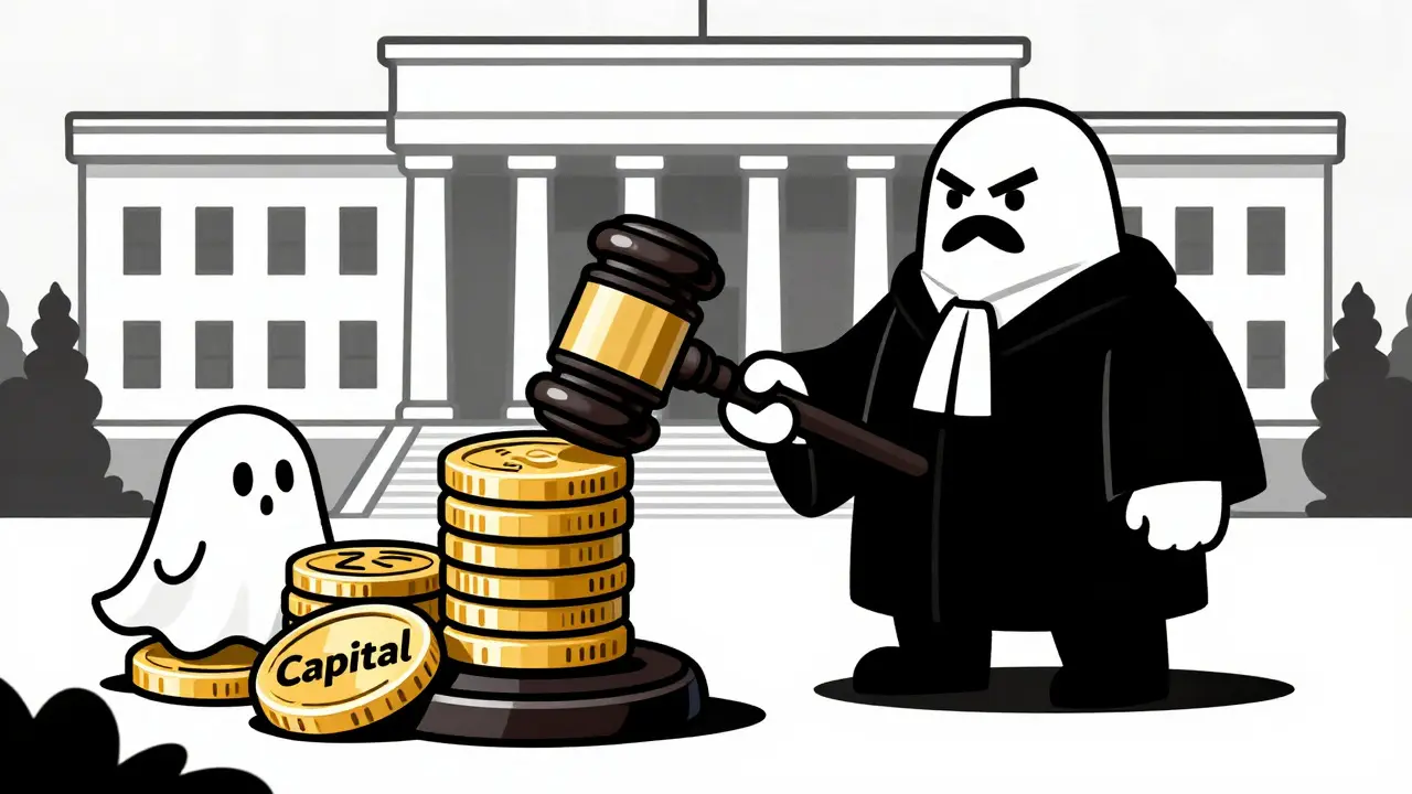 Judge gavel character striking down illegal crypto exchanges