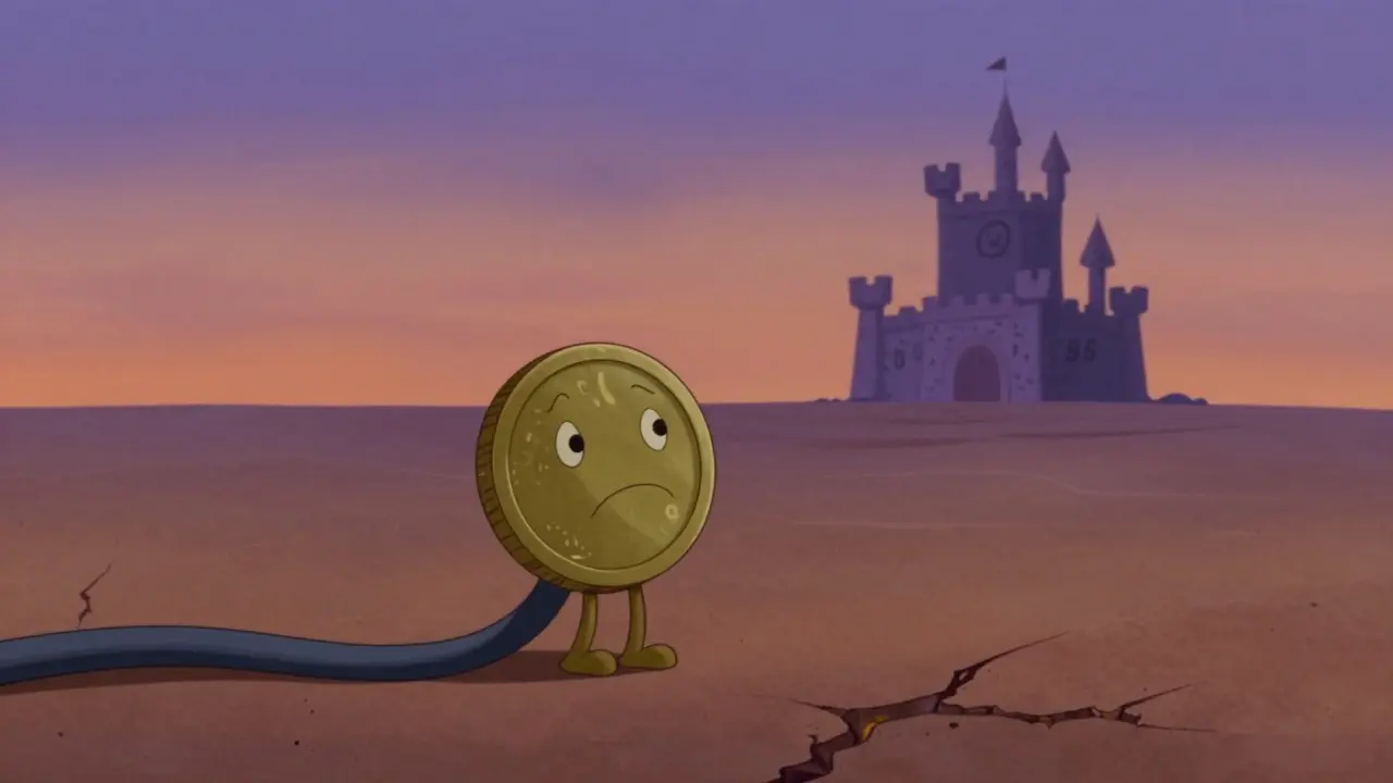 Lonely cartoon token character on a barren, cracked digital landscape