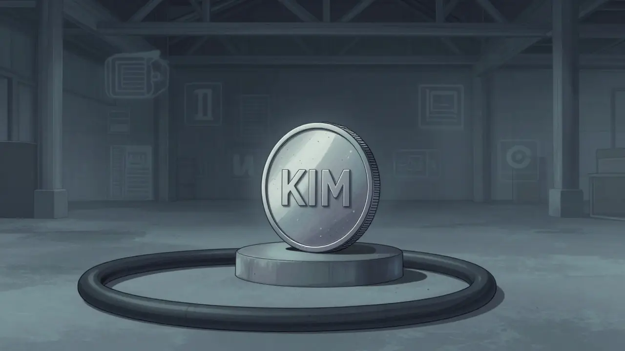 Lonely KIM crypto coin on pedestal in empty warehouse with fading exchange ghosts