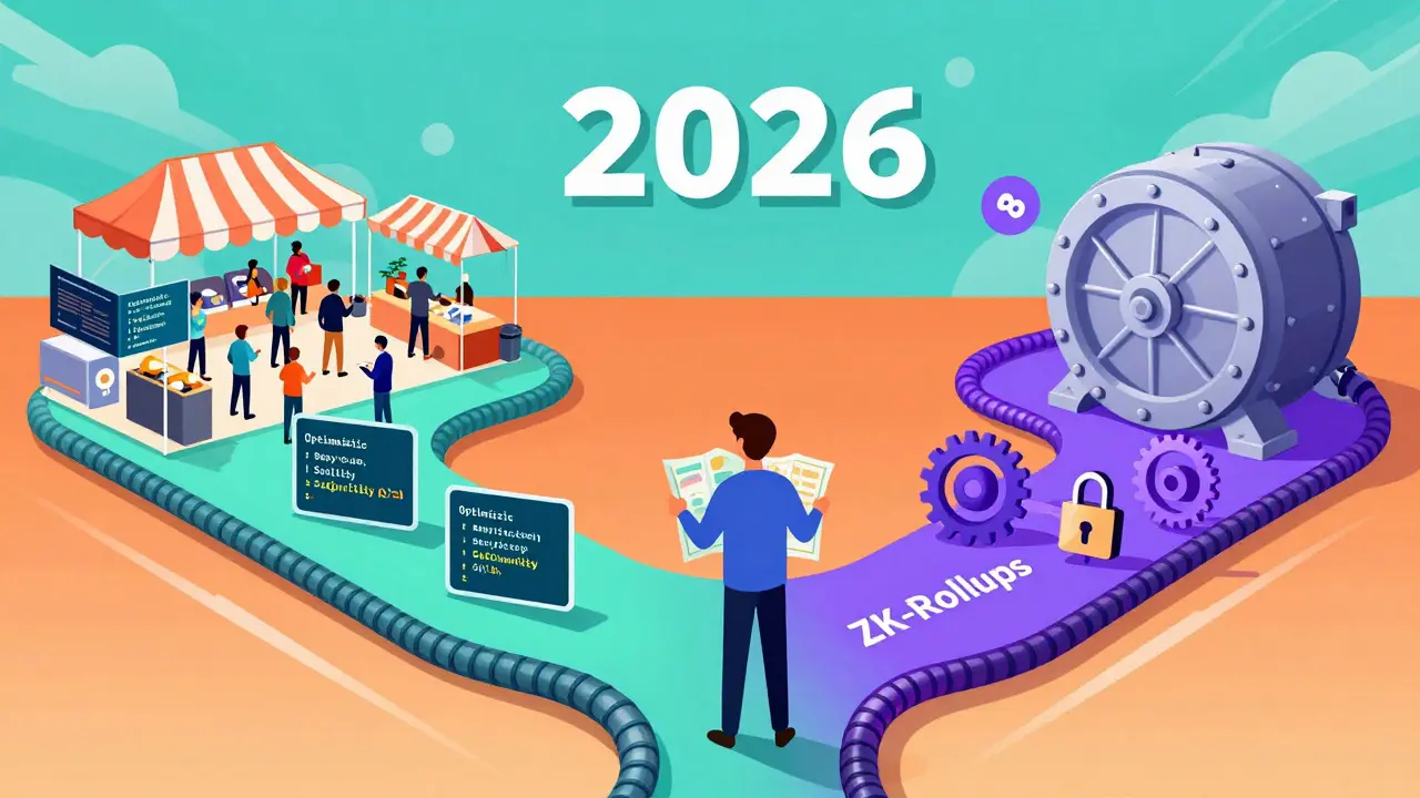 Retro animated character choosing between two diverging blockchain technology paths