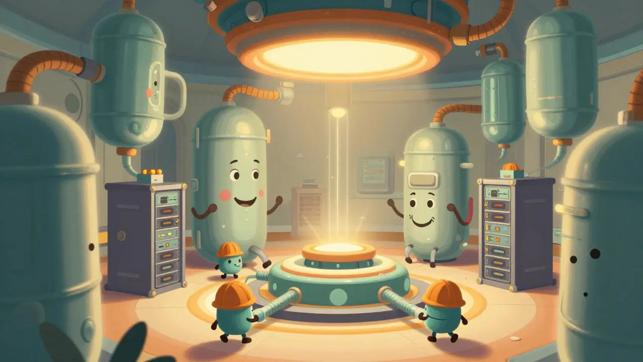 Retro cartoon servers and floating data blobs in a data center