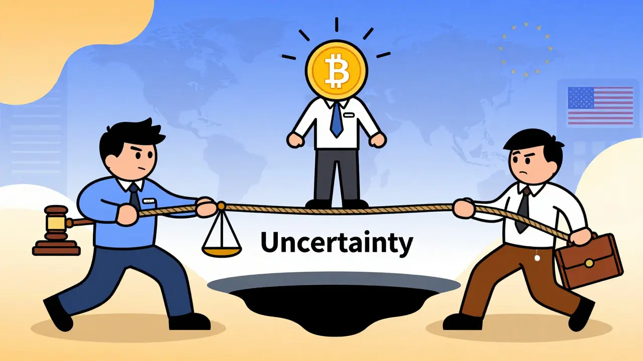 Rubber hose animation of judiciary and government pulling rope over crypto regulation