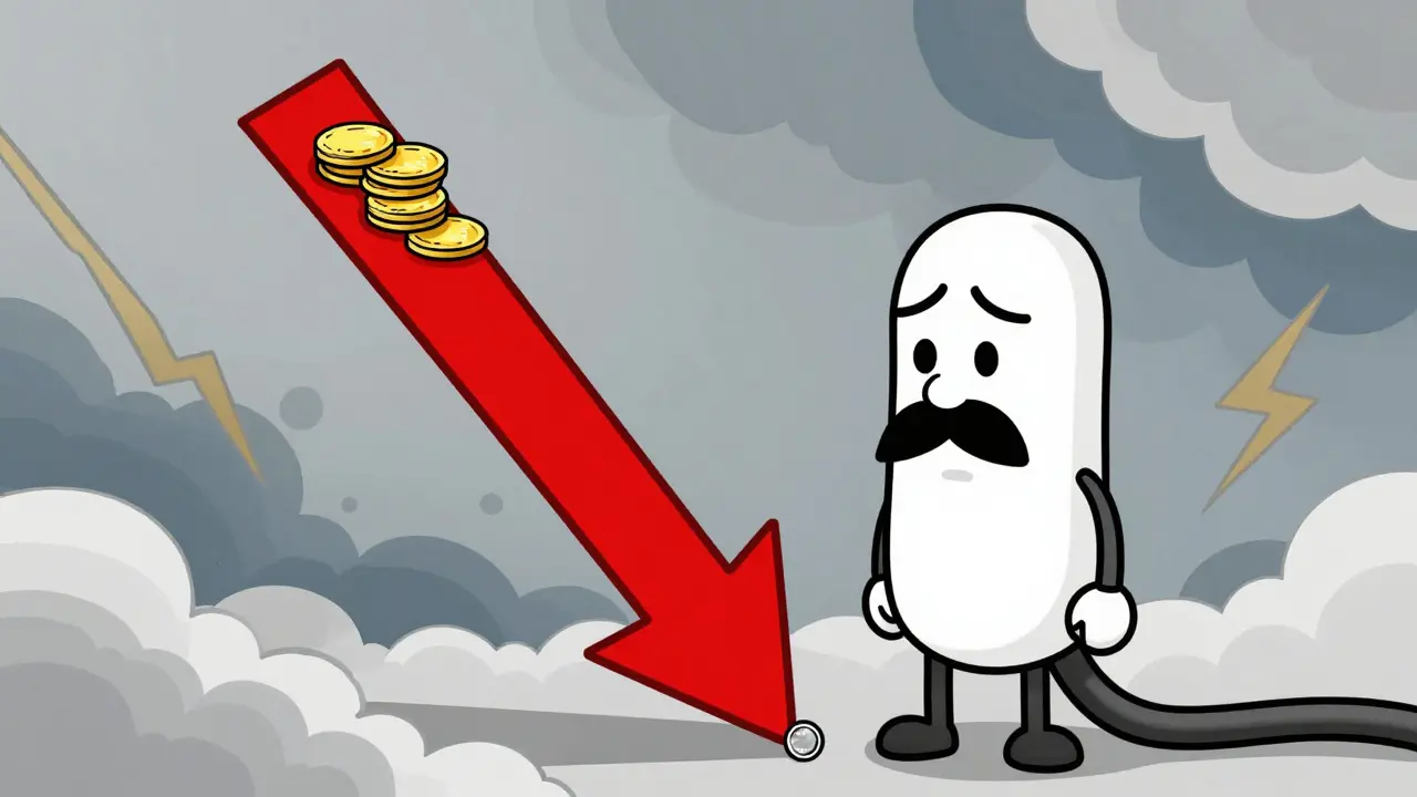 Sad cartoon character watching a steep price drop arrow