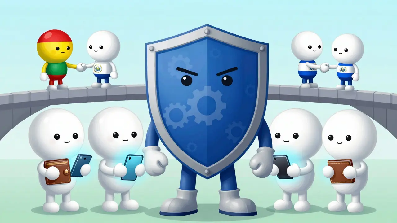 Shield character protecting citizens with stablecoins and regulatory symbols